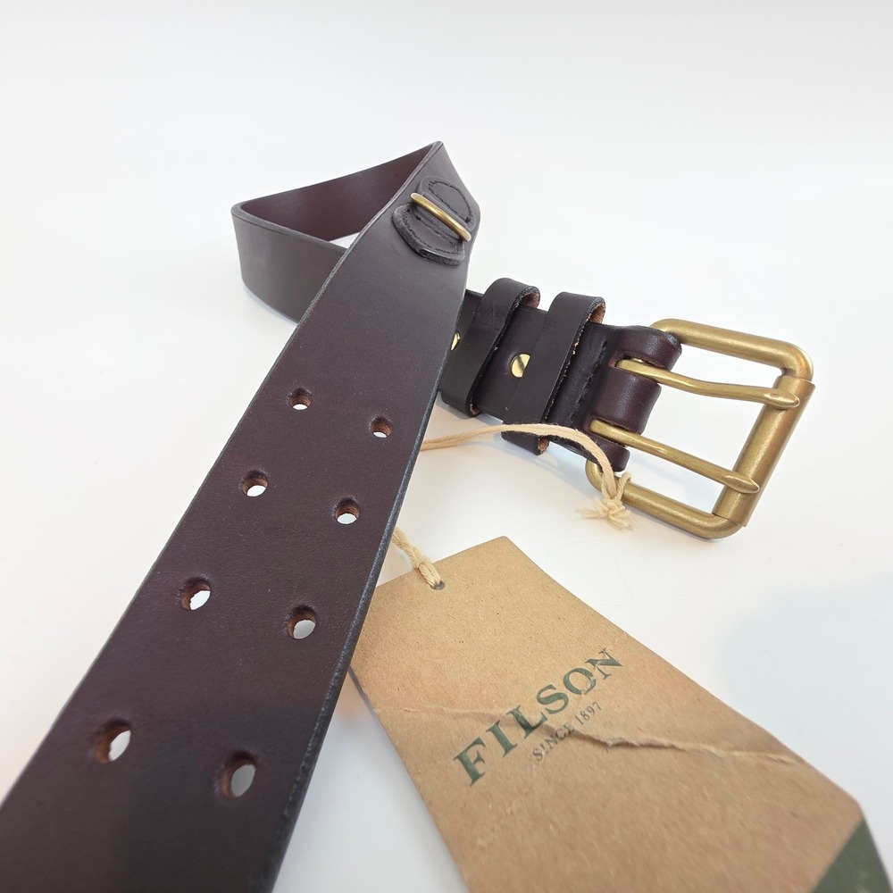 Filson Mens Double Prong Belt Brown Bridle Leather Brass Buckle Size 32 NEW